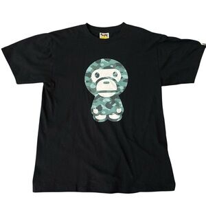 Black Tee with Camouflage Graphic by Bape size Large